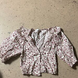 Sandro Floral Off-Shoulder Blouse in Red and White